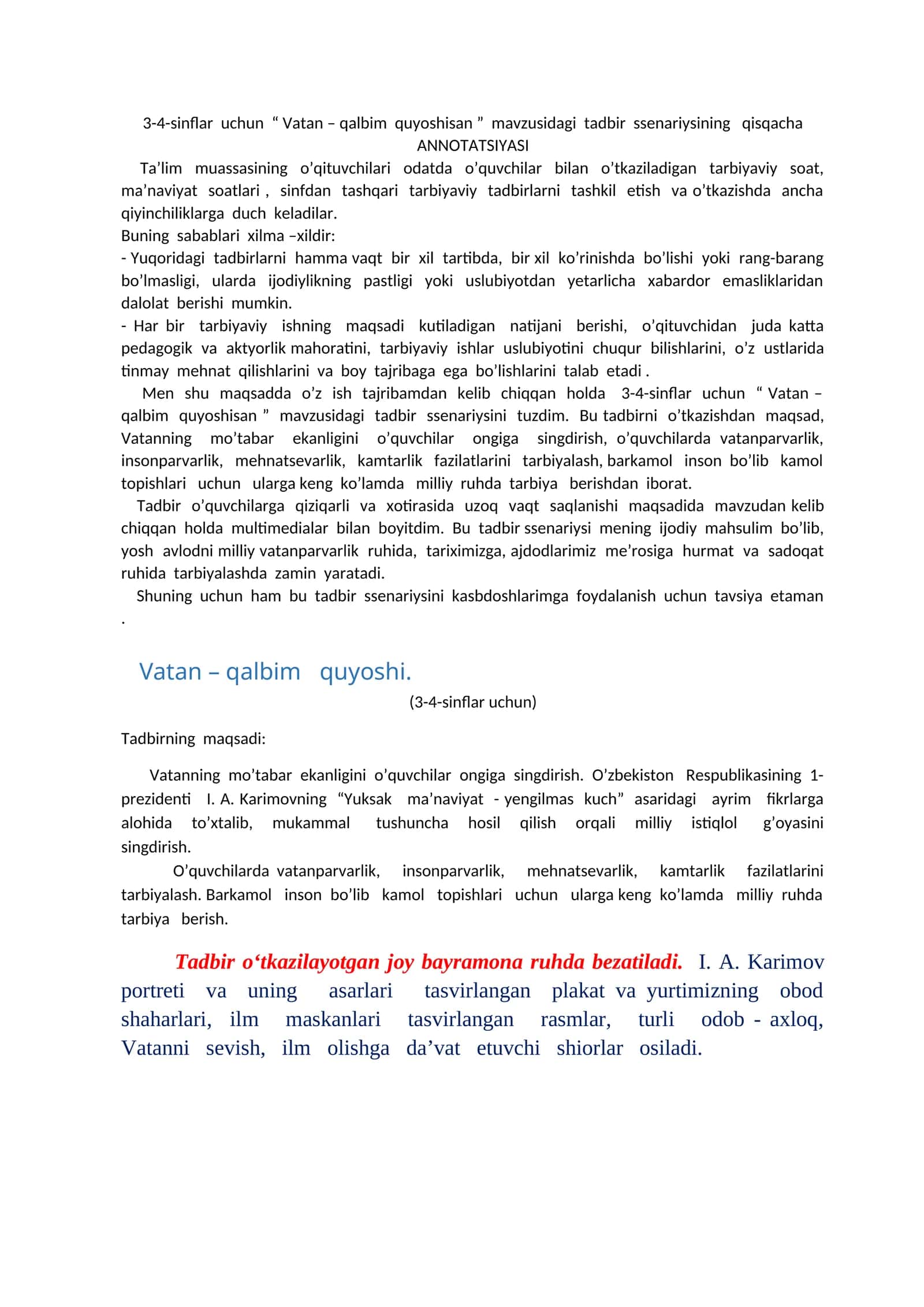3-4-sinflar uchun “ Vatan – qalbim quyoshisan ” mavzusidagi tadbir ssenariysi