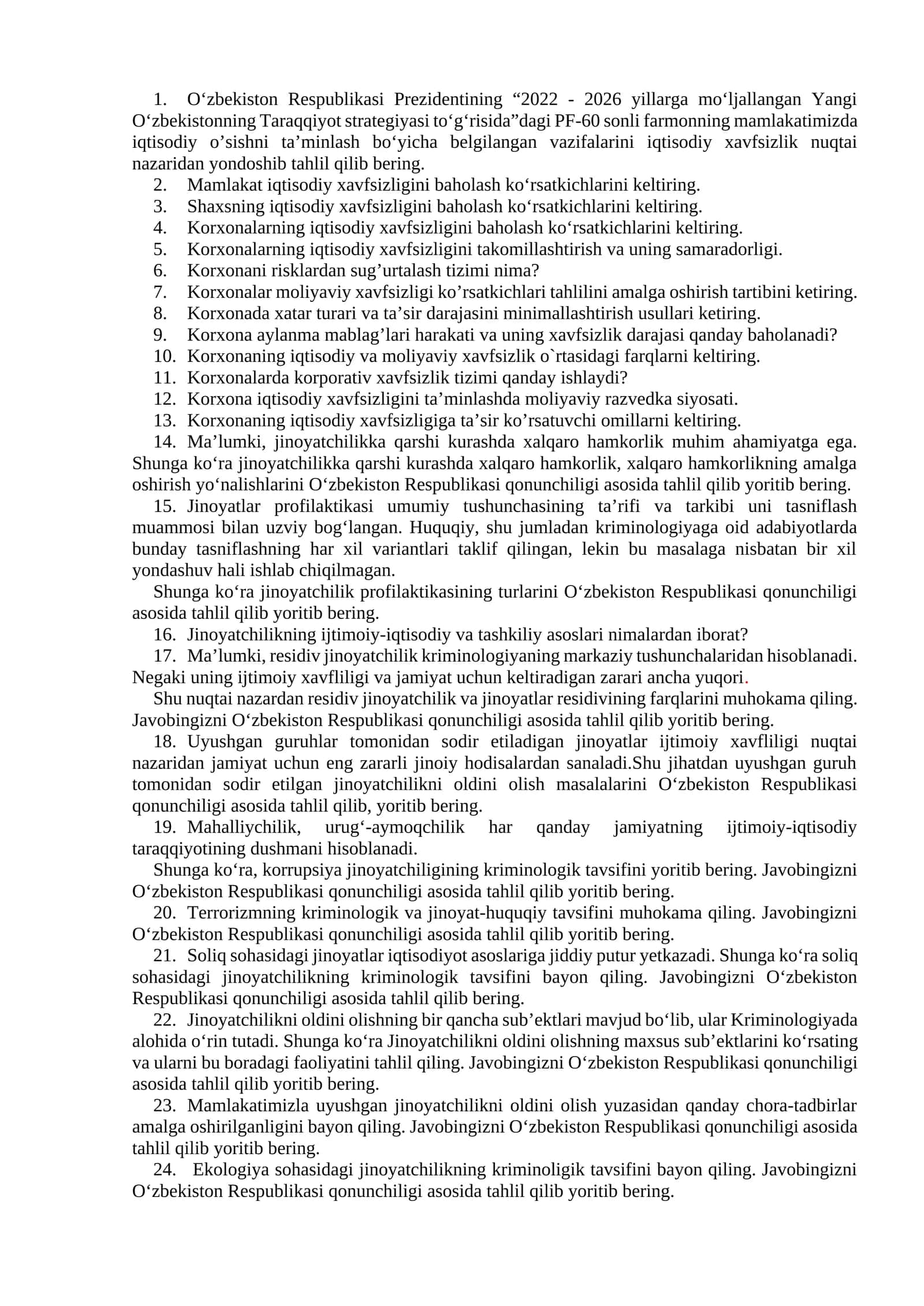 O‘zbekiston Respublikasi Prezidentining “2022 - 2026 yillarga mo‘ljallangan Yangi O‘zbekistonning Taraqqiyot strategiyasi to‘g‘risida”dagi PF-60 sonli farmonning mamlakatimizda iqtisodiy o’sishni ta’minlash bo‘yicha belgilangan vazifalarini iqtisodiy xavfsizlik nuqtai nazaridan yondoshib tahlil qilib bering