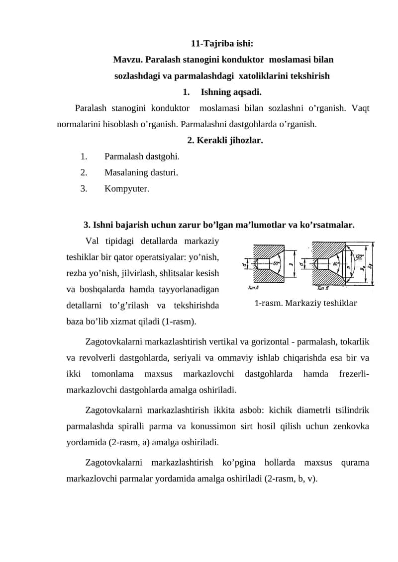 Paralash stanogini konduktor moslamasi bilan sozlashdagi va parmalashdagi xatoliklarini tekshirish