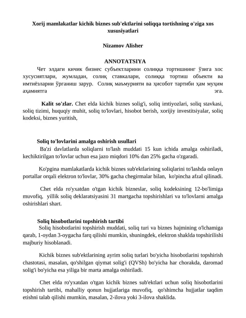Xorij mamlakatlar kichik biznes sub'ektlarini soliqqa tortishning o'ziga xos xususiyatlari