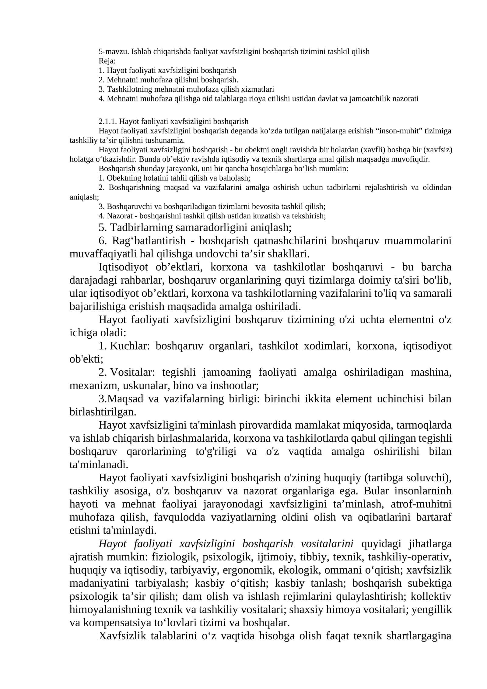 Ishlab chiqarishda faoliyat xavfsizligini boshqarish tizimini tashkil qilish