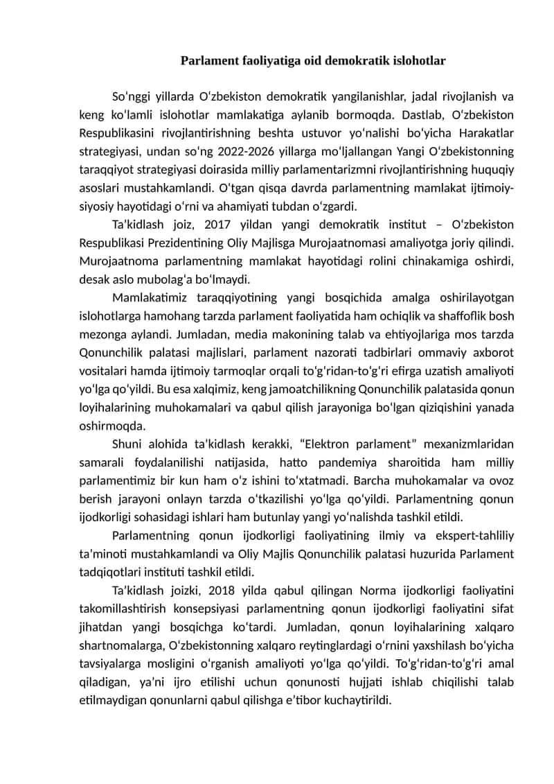 O‘zbekiston Respublikasi Prezidentining Oliy Majlisga Murojaatnomasi