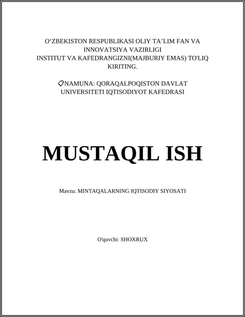 Mavzu: Mintaqalarning iqtisodiy siyosati