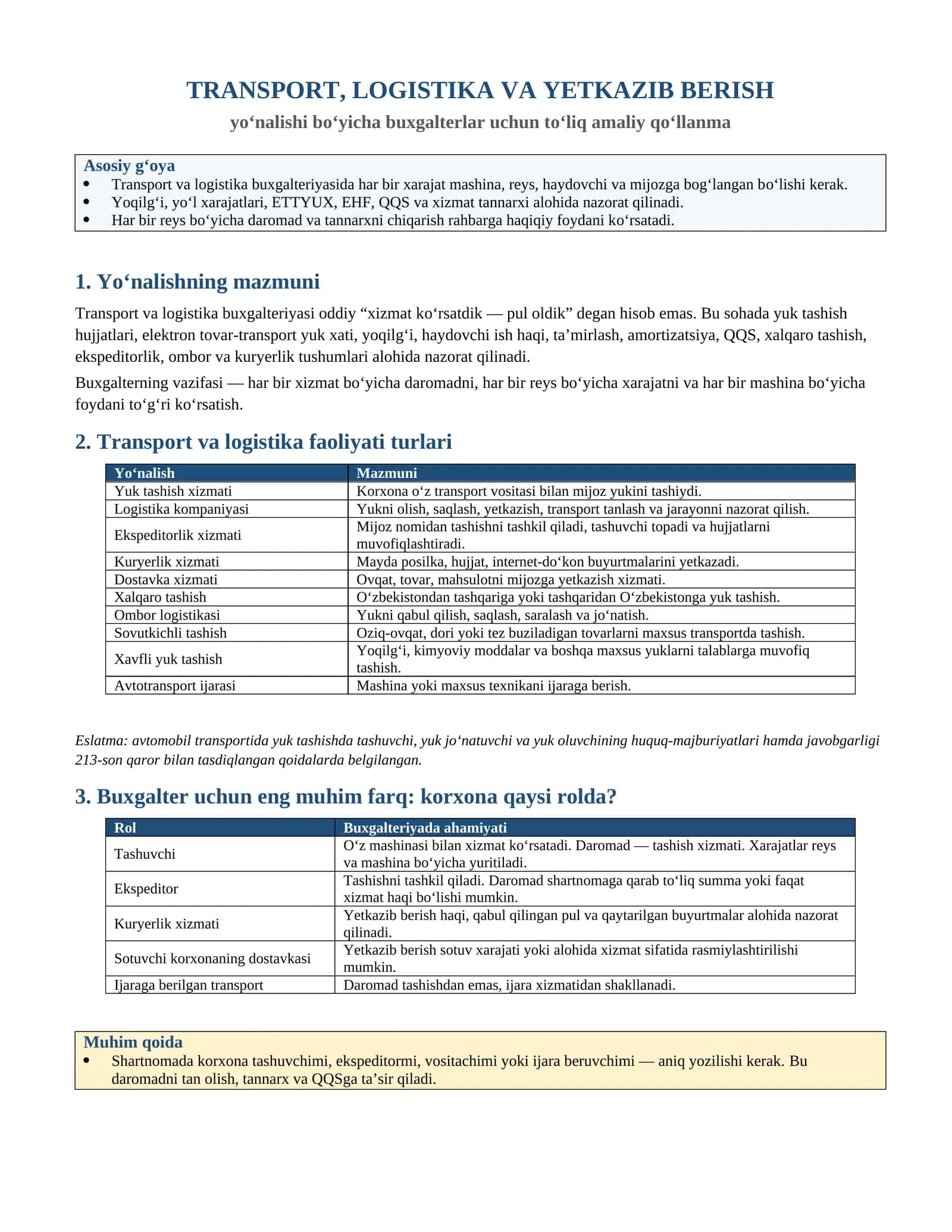 TRANSPORT, LOGISTIKA VA YETKAZIB BERISH