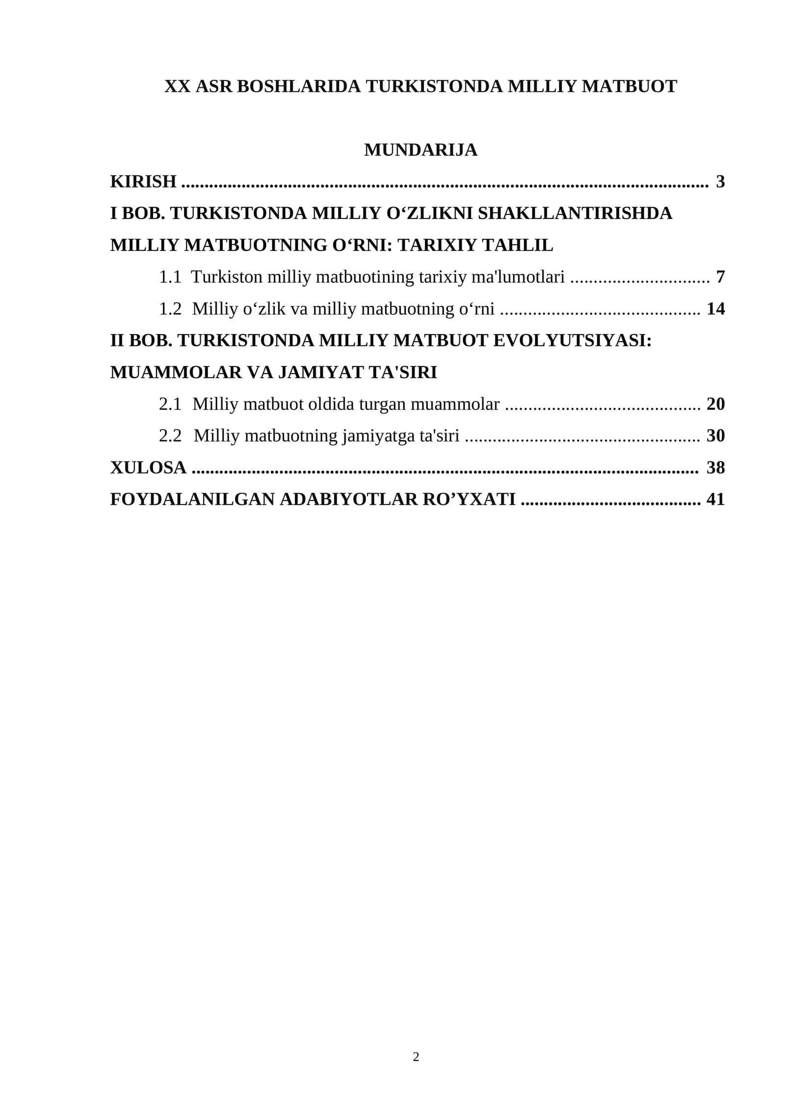 XX ASR BOSHLARIDA TURKISTONDA MILLIY MATBUOT