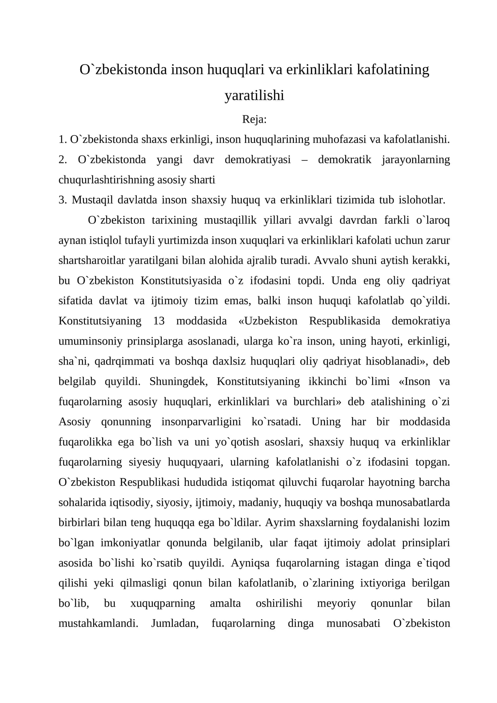 O`zbekistonda inson huquqlari va erkinliklari kafolatining yaratilishi