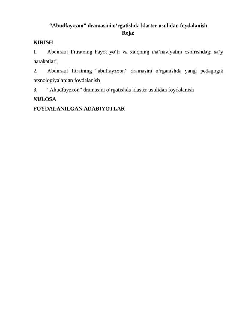Abudfayzxon dramasini o‘rgatishda klaster usulidan foydalanish