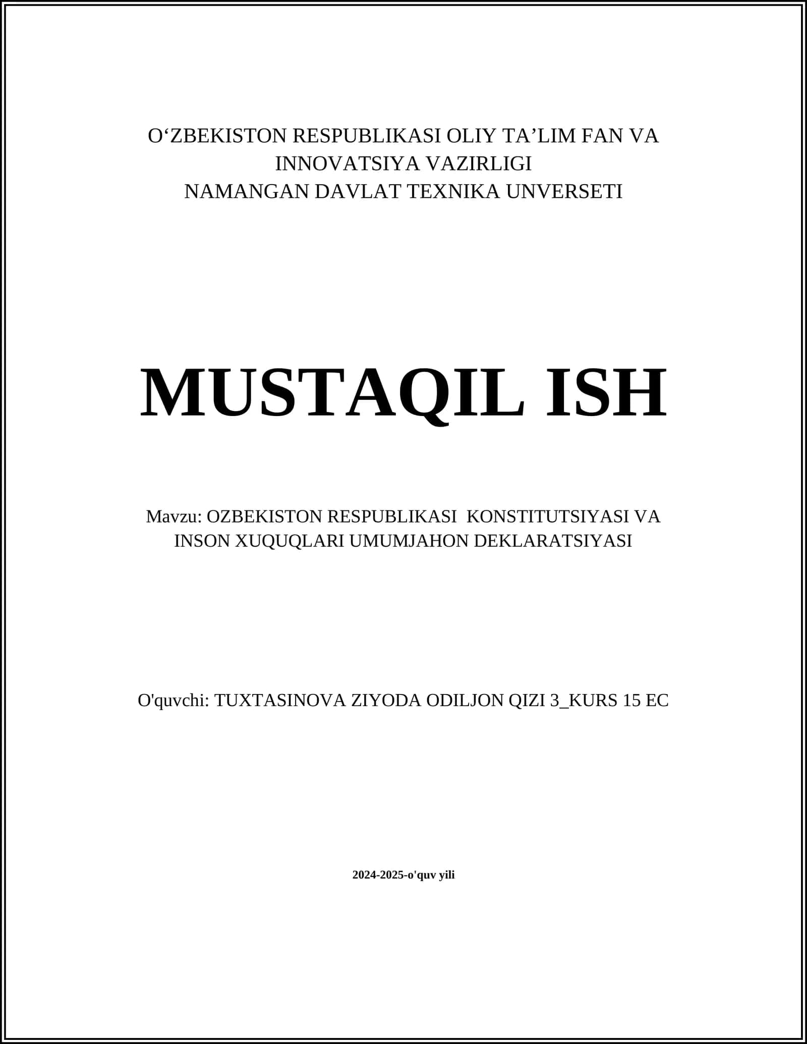 Oʻzbekiston Respublikasi Konstitutsiyasi va Inson Huquqlari Umumjahon Deklaratsiyasi