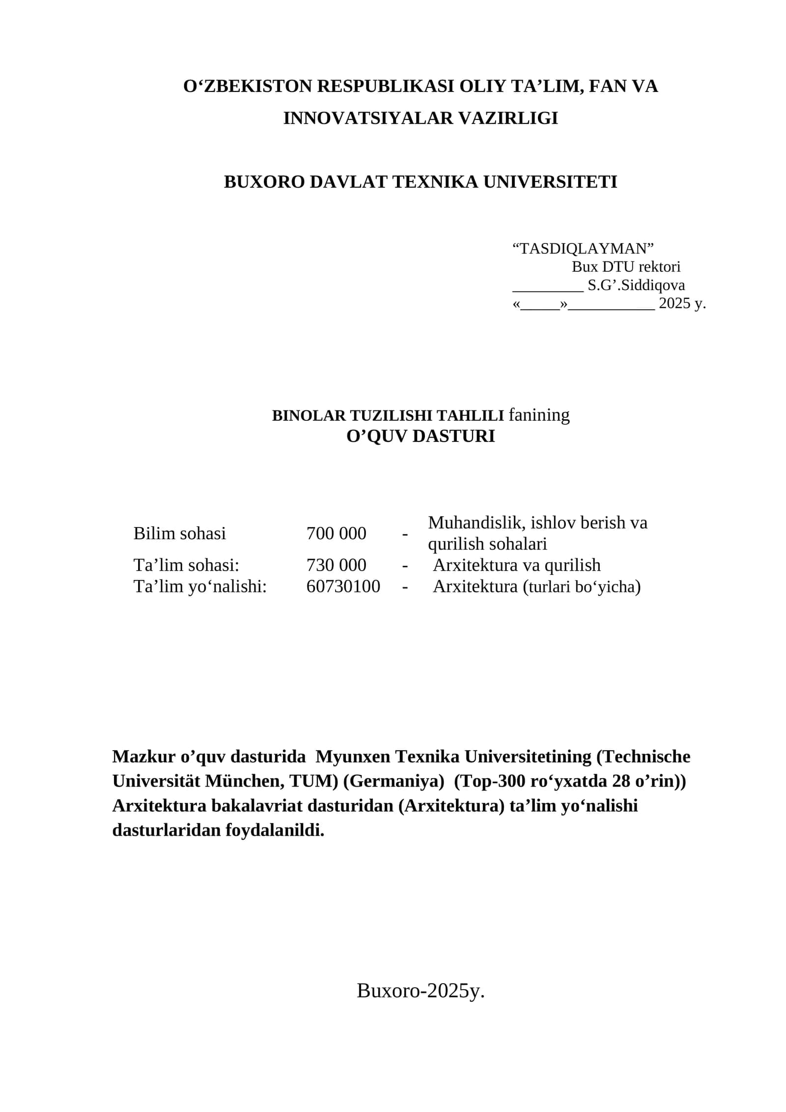 BINOLAR TUZILISHI TAHLILI fanining O’QUV DASTURI