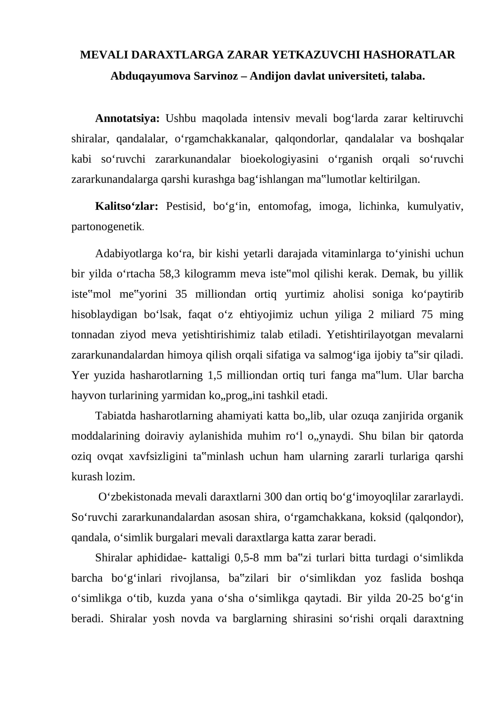MEVALI DARAXTLARGA ZARAR YETKAZUVCHI HASHORATLAR