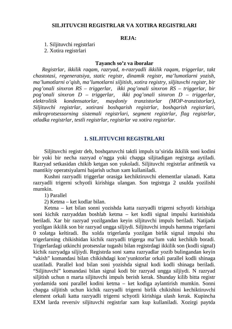 SILJITUVCHI REGISTRLAR VA XOTIRA REGISTRLARI