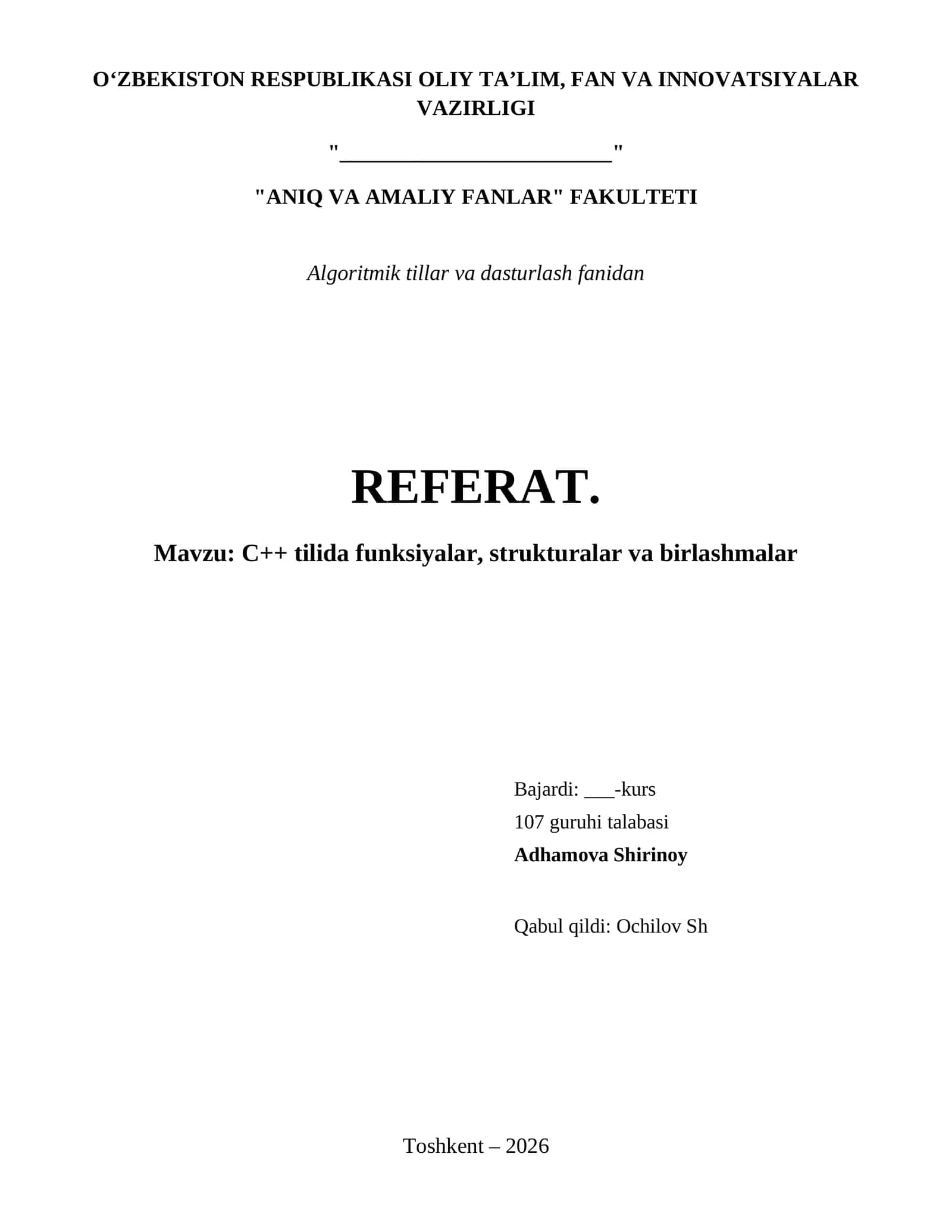 C++ tilida funksiyalar, strukturalar va birlashmalar