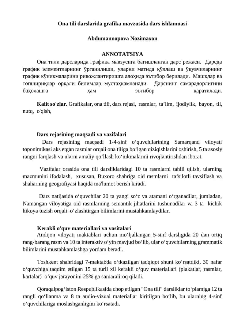 Ona tili darslarida grafika mavzusida dars ishlanmasi