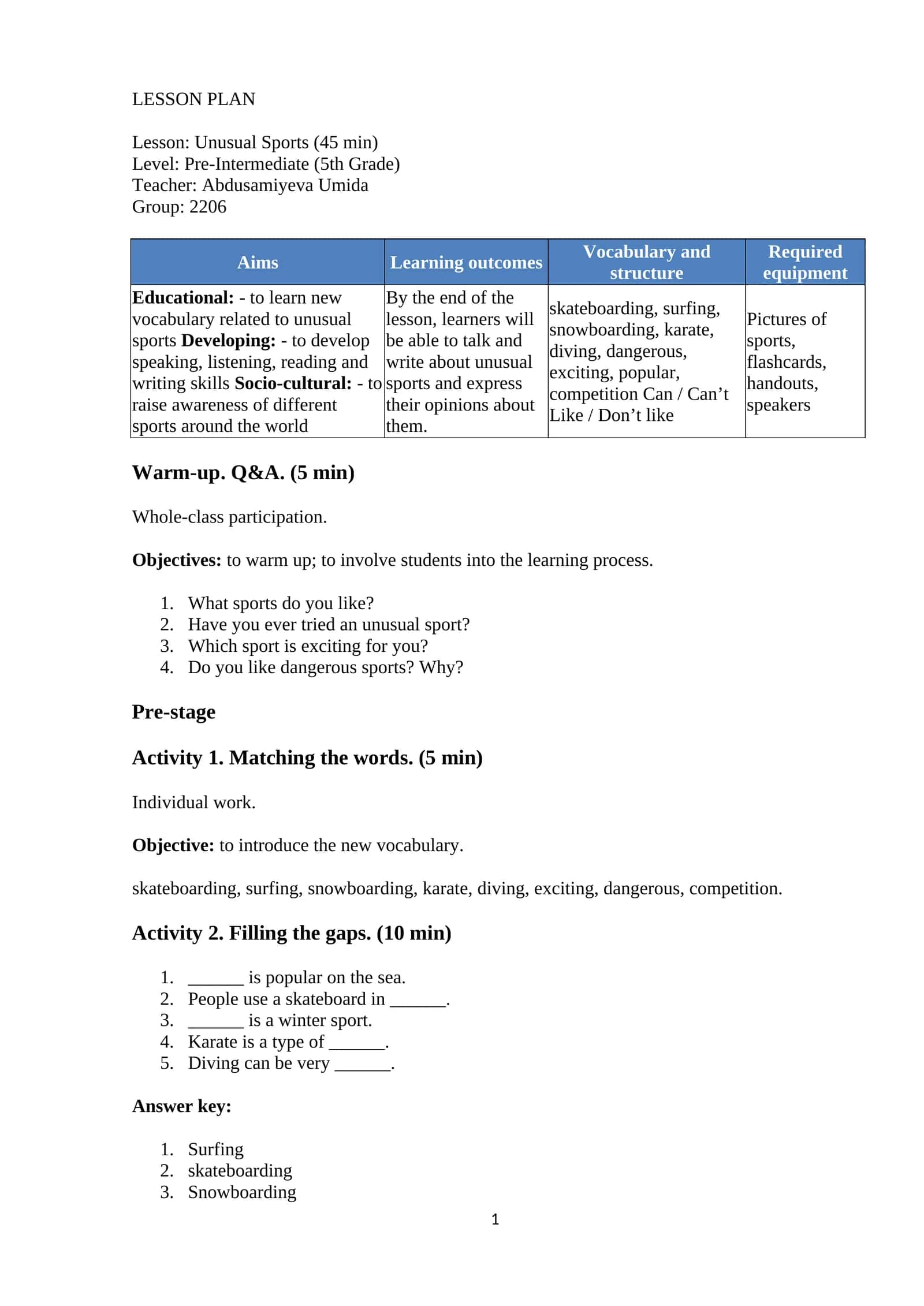 Lesson Plan: Unusual Sports