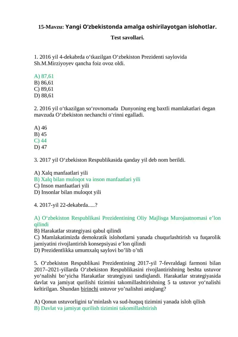 Yangi O‘zbekistonda amalga oshirilayotgan islohotlar. Test savollari.