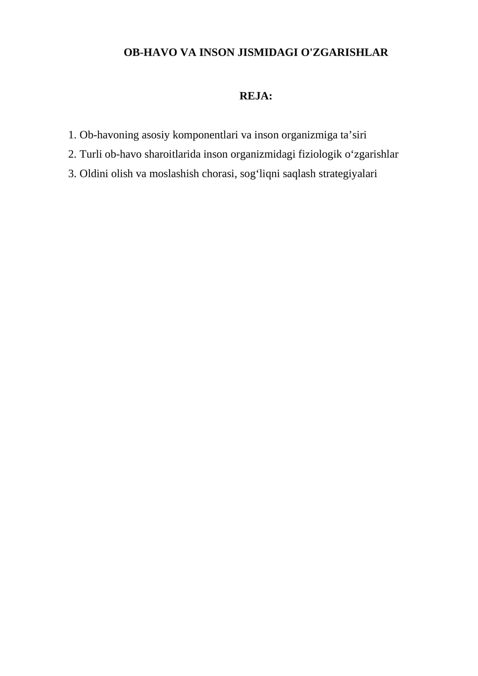 OB-HAVO VA INSON JISMIDAGI O'ZGARISHLAR