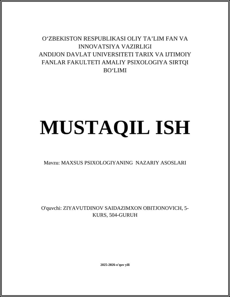 Maxsus Psixologiyadan Misollar