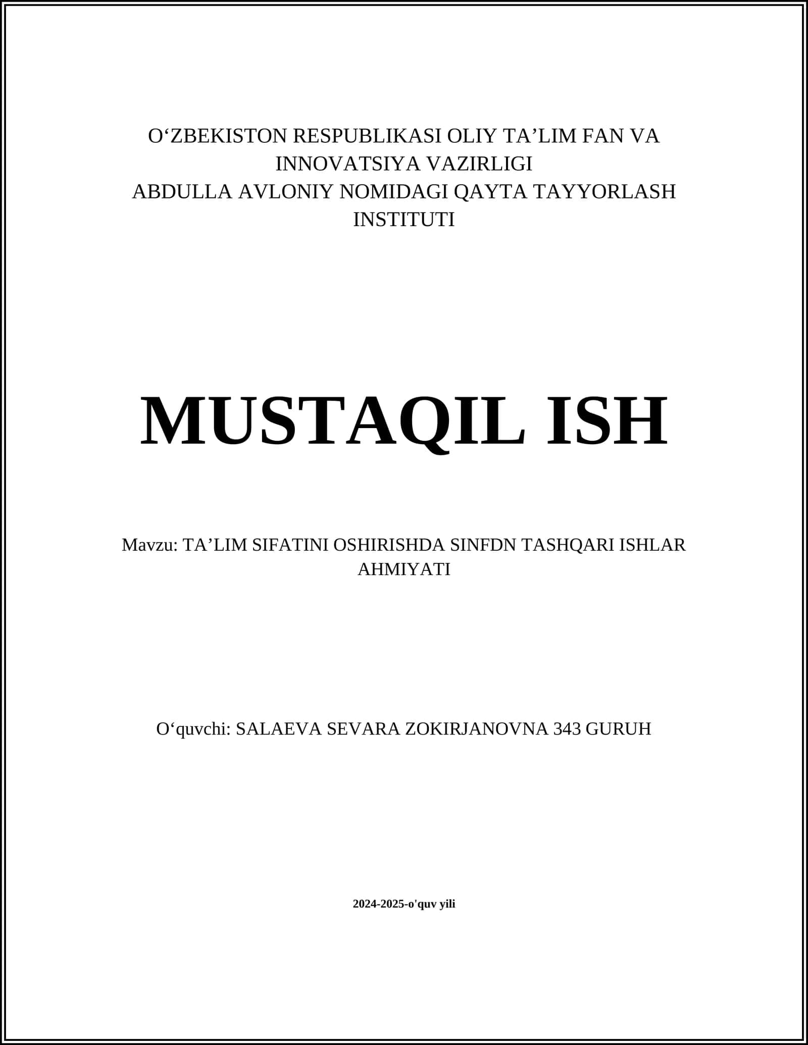 TAʼLIM SIFATINI OSHIRISHDA SINFDN TASHQARI ISHLAR AHMIYATI