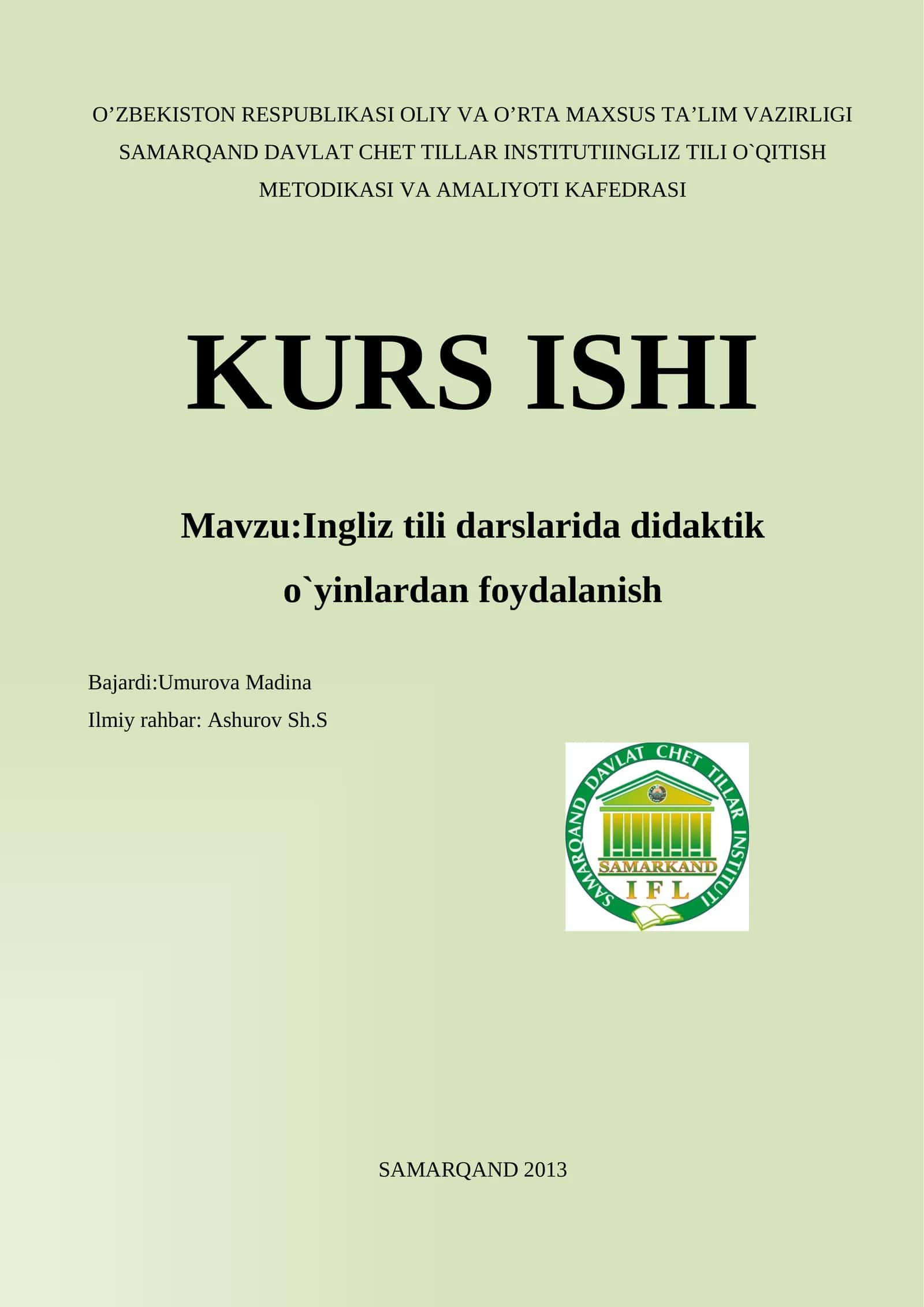 Ingliz tili darslarida didaktik o`yinlardan foydalanish