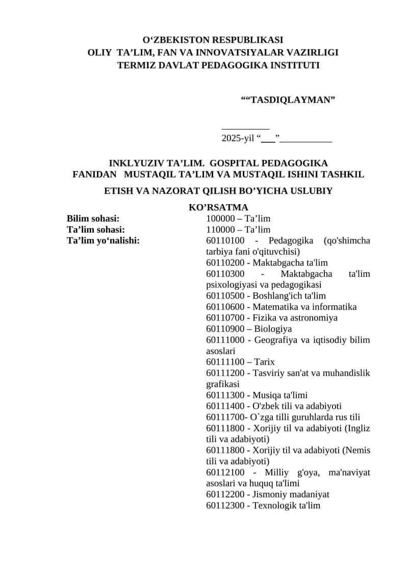 INKLYUZIV TA’LIM. GOSPITAL PEDAGOGIKA FANI