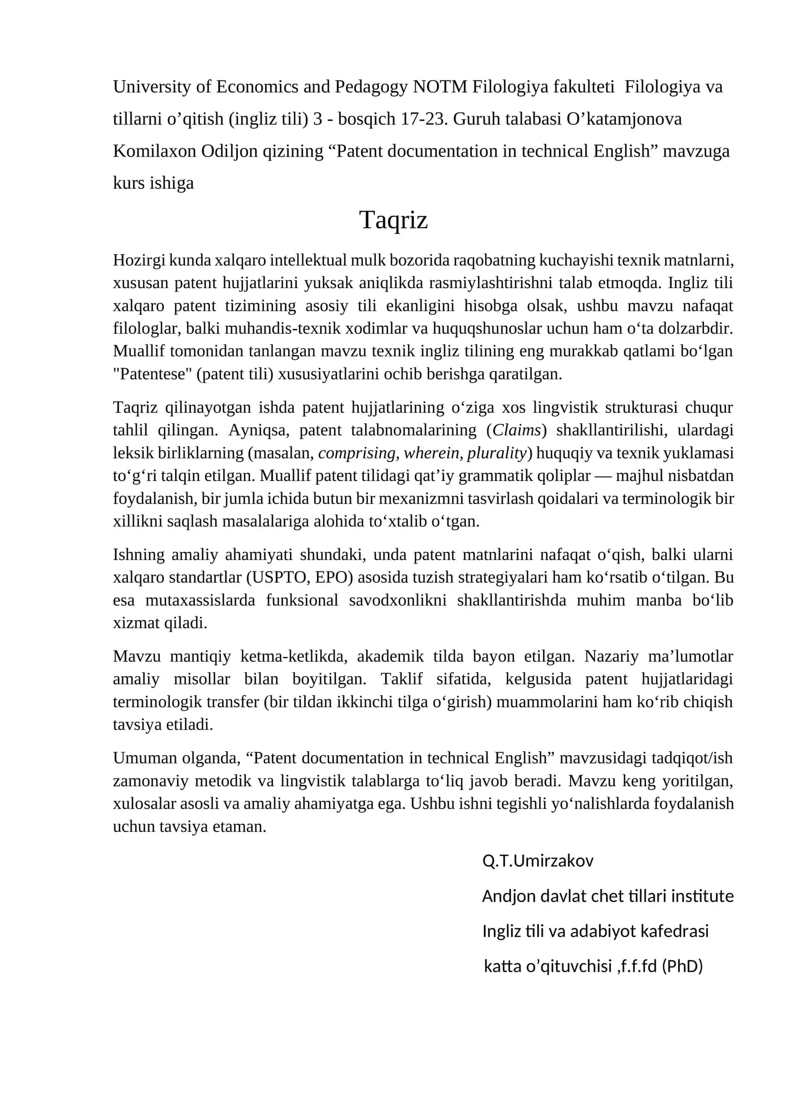 Patent documentation in technical English