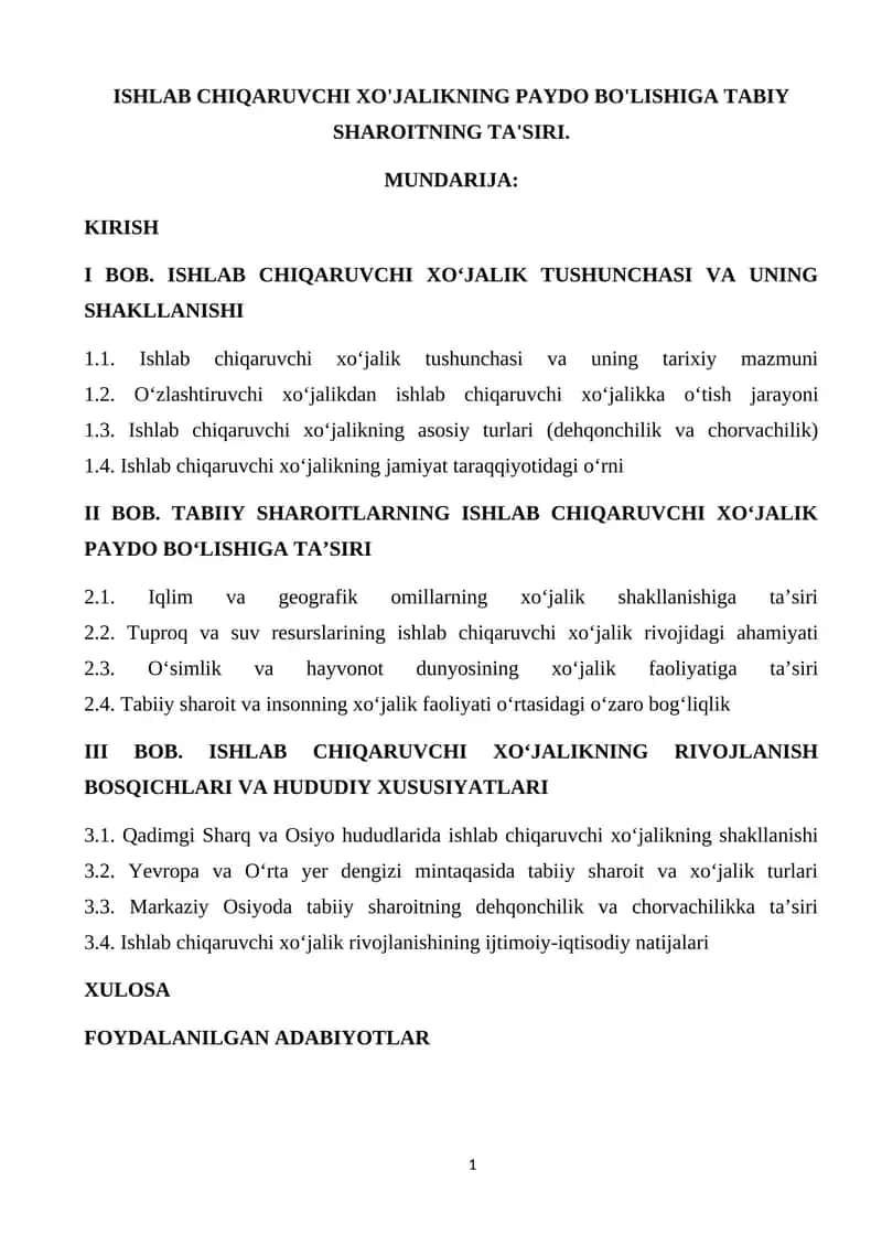 ISHLAB CHIQARUVCHI XO'JALIKNING PAYDO BO'LISHIGA TABIY SHAROITNING TA'SIRI