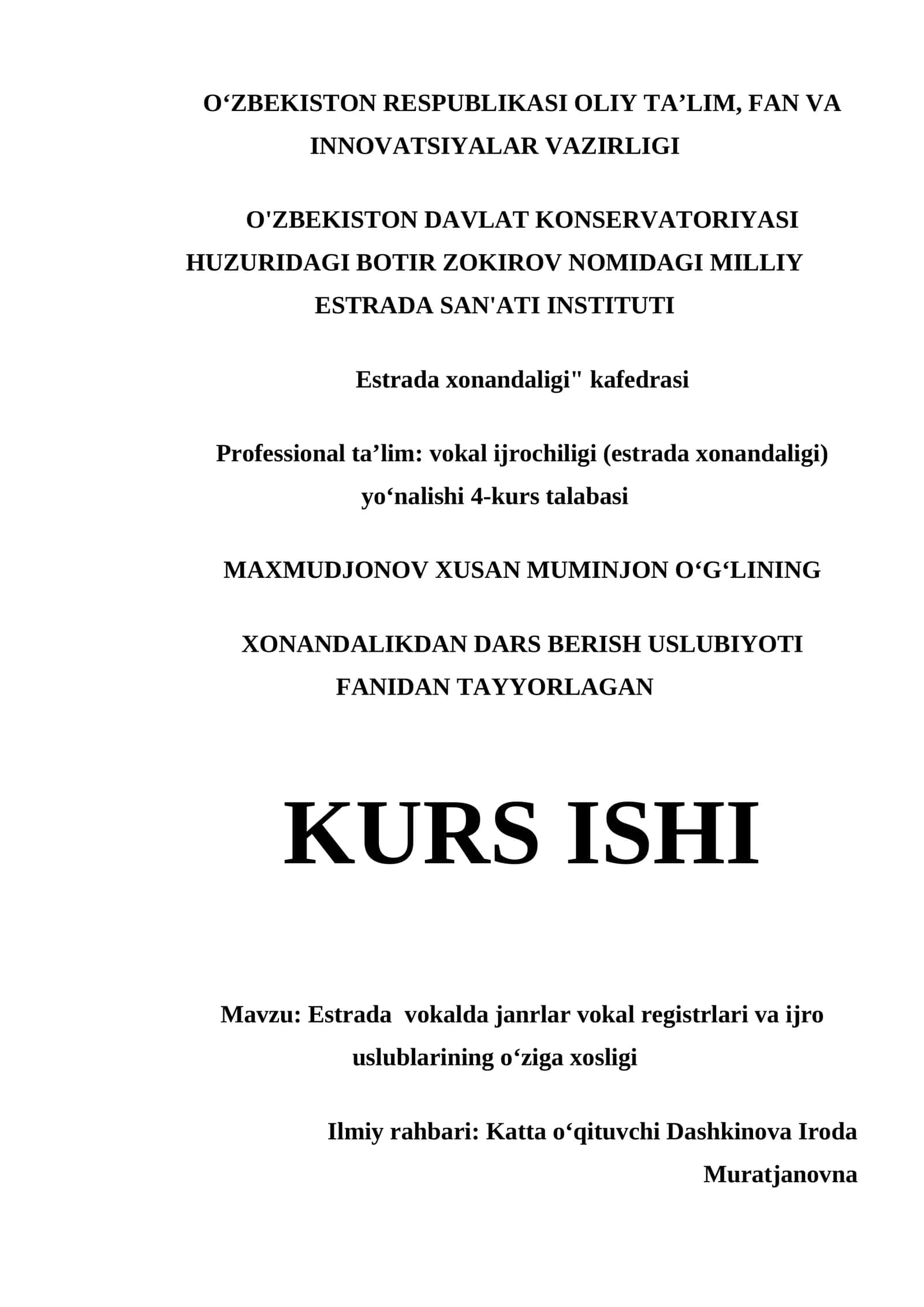 XONANDALIKDAN DARS BERISH USLUBIYOTI FANIDAN TAYYORLAGAN KURS ISHI