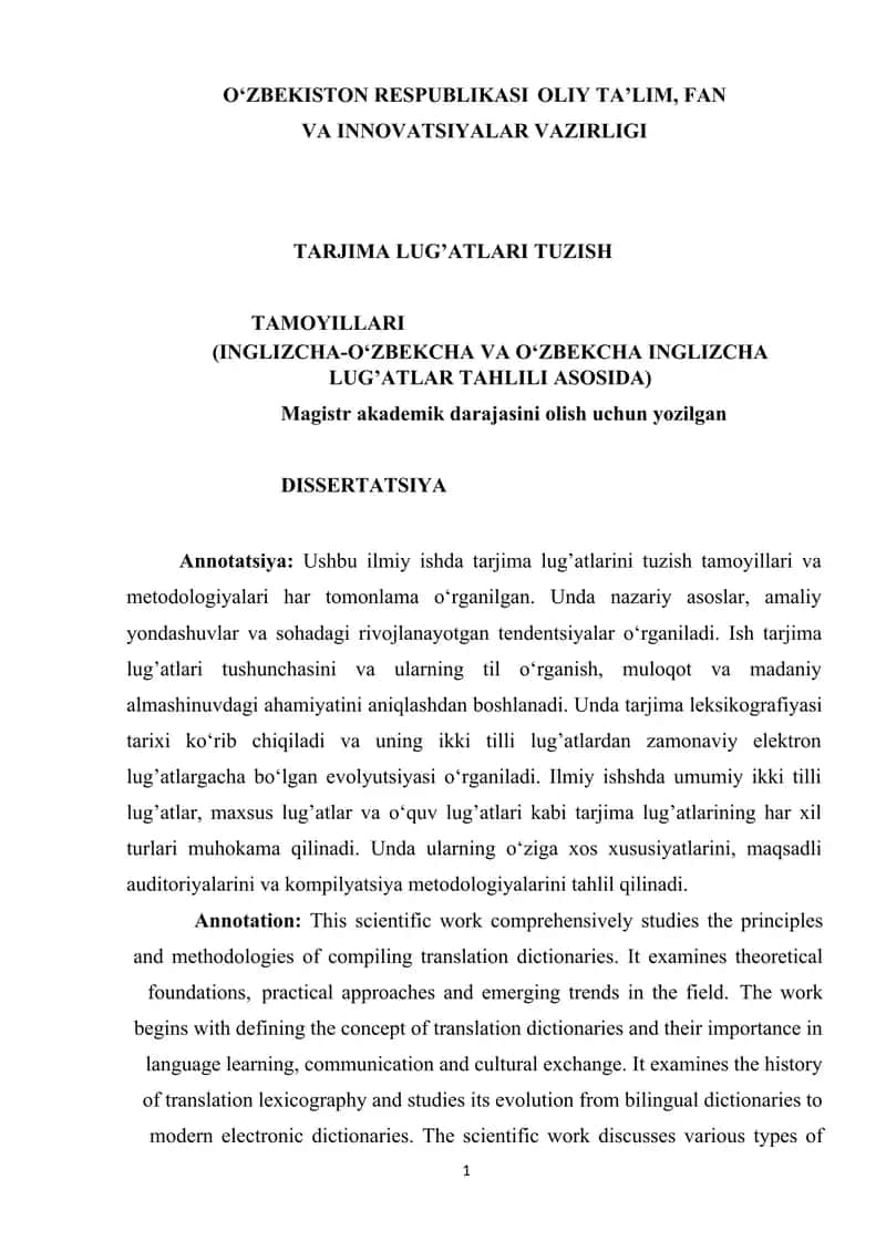 TARJIMA LUG’ATLARI TUZISH TAMOYILLARI (INGLIZCHA-O‘ZBEKCHA VA O‘ZBEKCHA INGLIZCHA