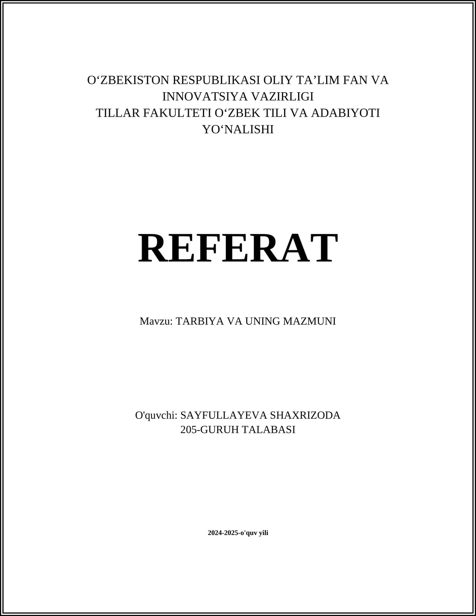 TARBIYA VA UNING MAZMUNI