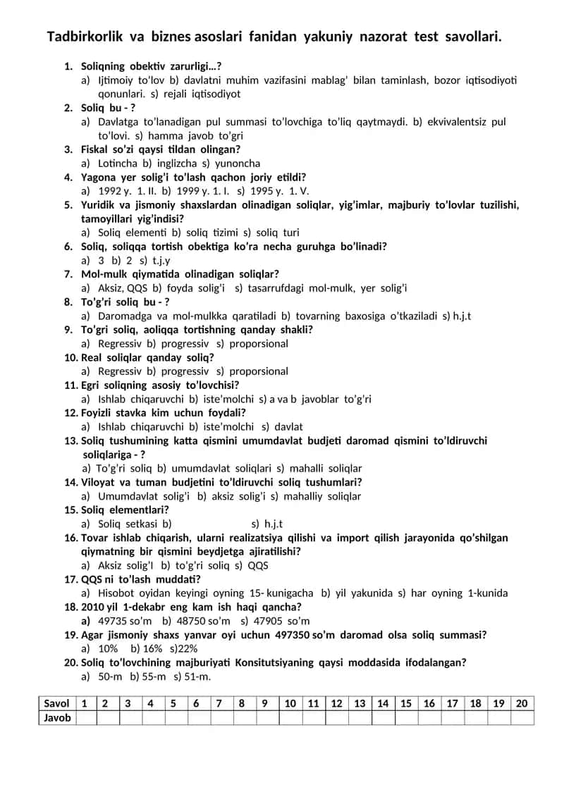 Tadbirkorlik va biznes asoslari fanidan yakuniy nazorat test savollari.