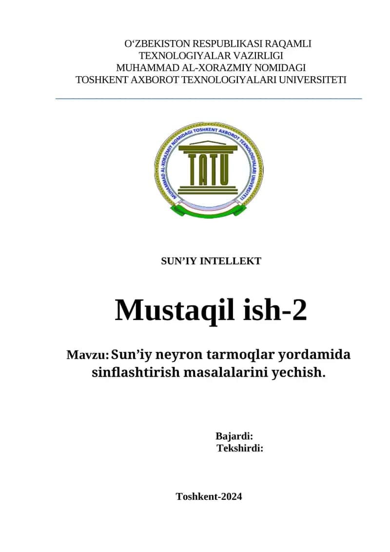 Sun’iy neyron tarmoqlar yordamida sinflashtirish masalalarini yechish