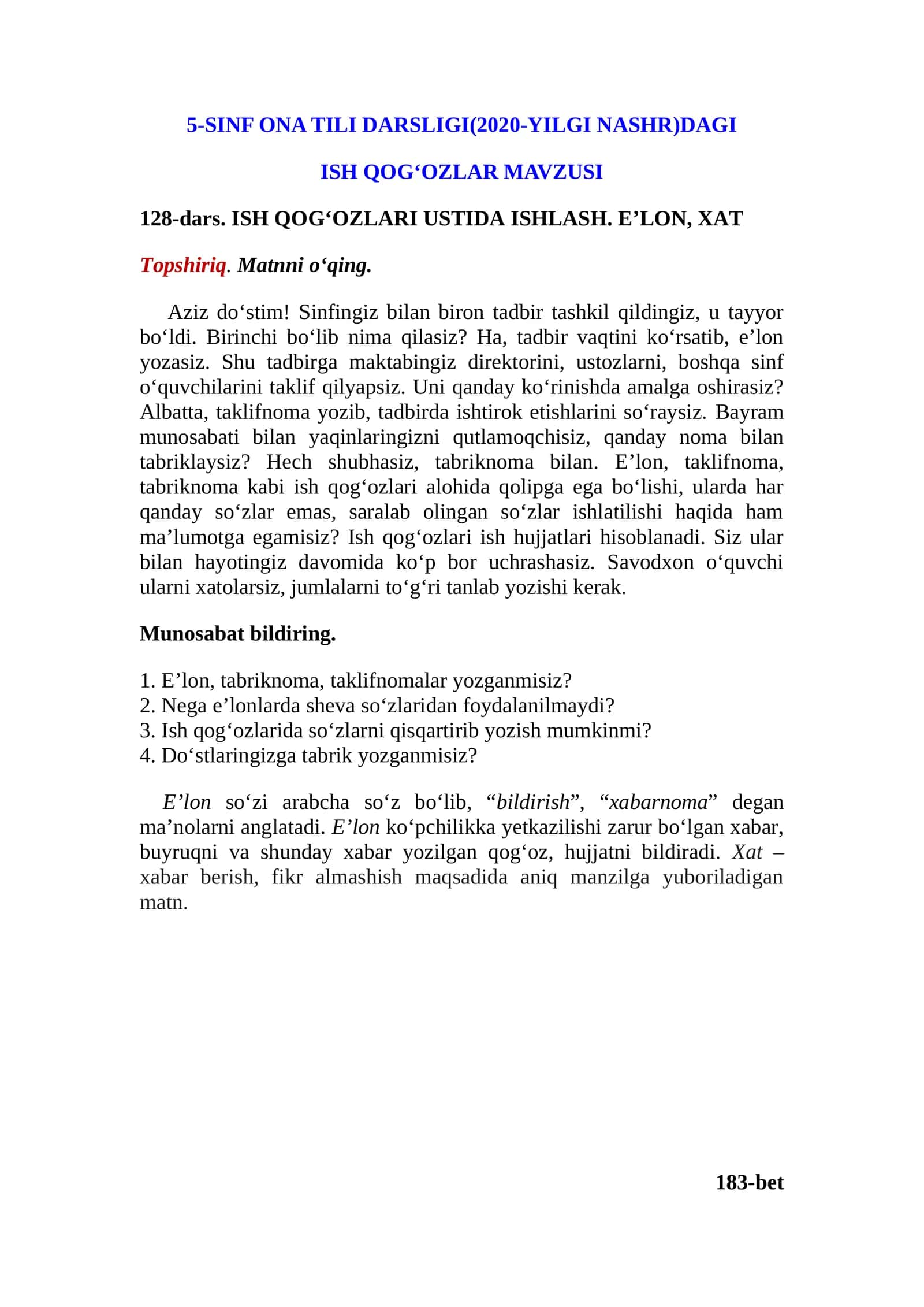 SINF ONA TILI DARSLIGI(2020-YILGI NASHR)DAGI
