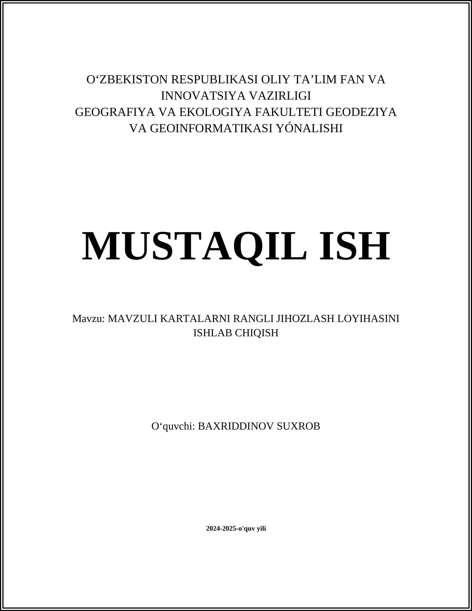 MAVZULI KARTALARNI RANGLI JIHOZLASH LOYIHASINI ISHLAB CHIQISH