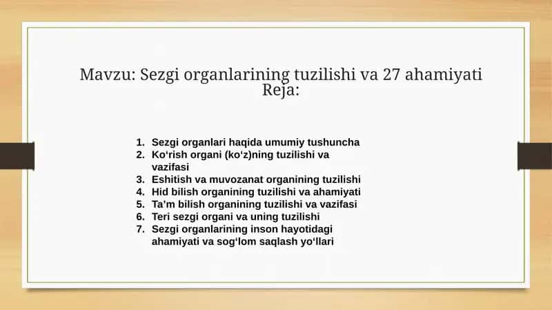 Sezgi organlarining tuzilishi va 27 ahamiyatiReja