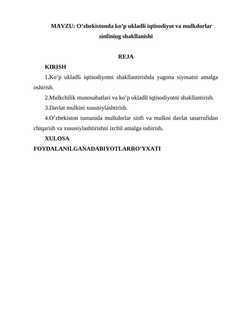 O'zbekistonda ko'p ukladli iqtisodiyot va mulkdorlar sinfining shakllanishi