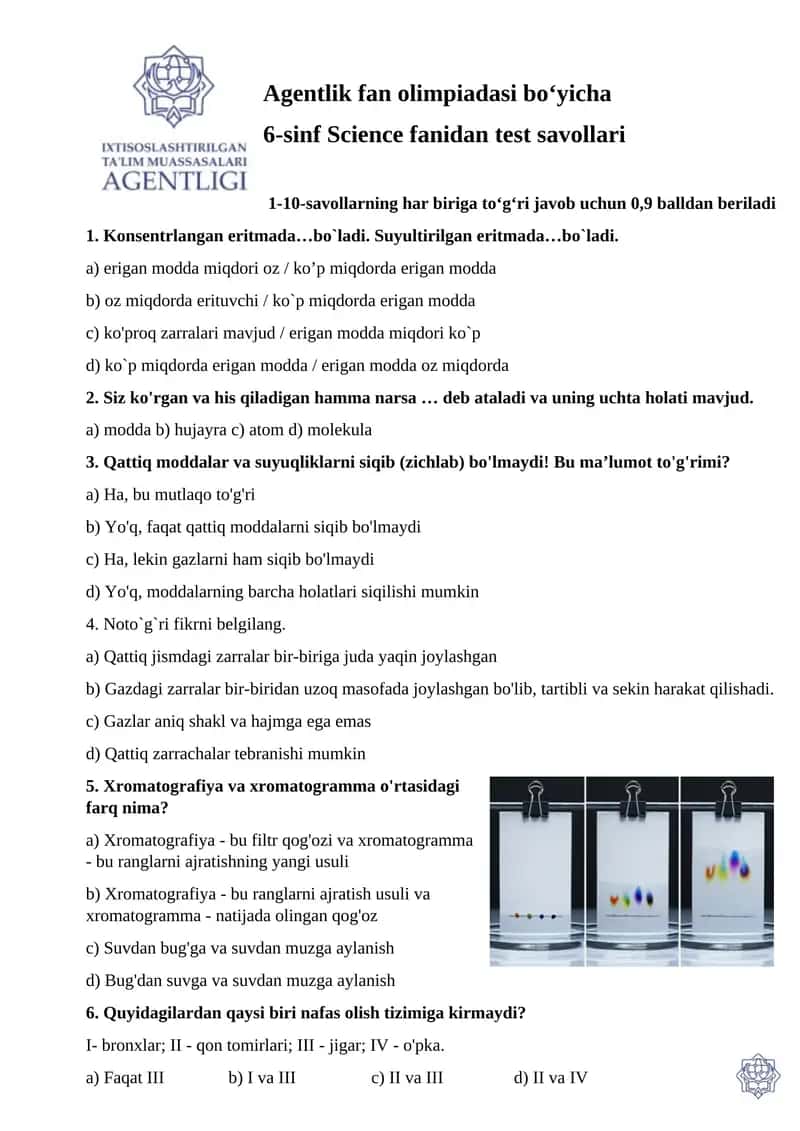 6-sinf Science fanidan test savollari