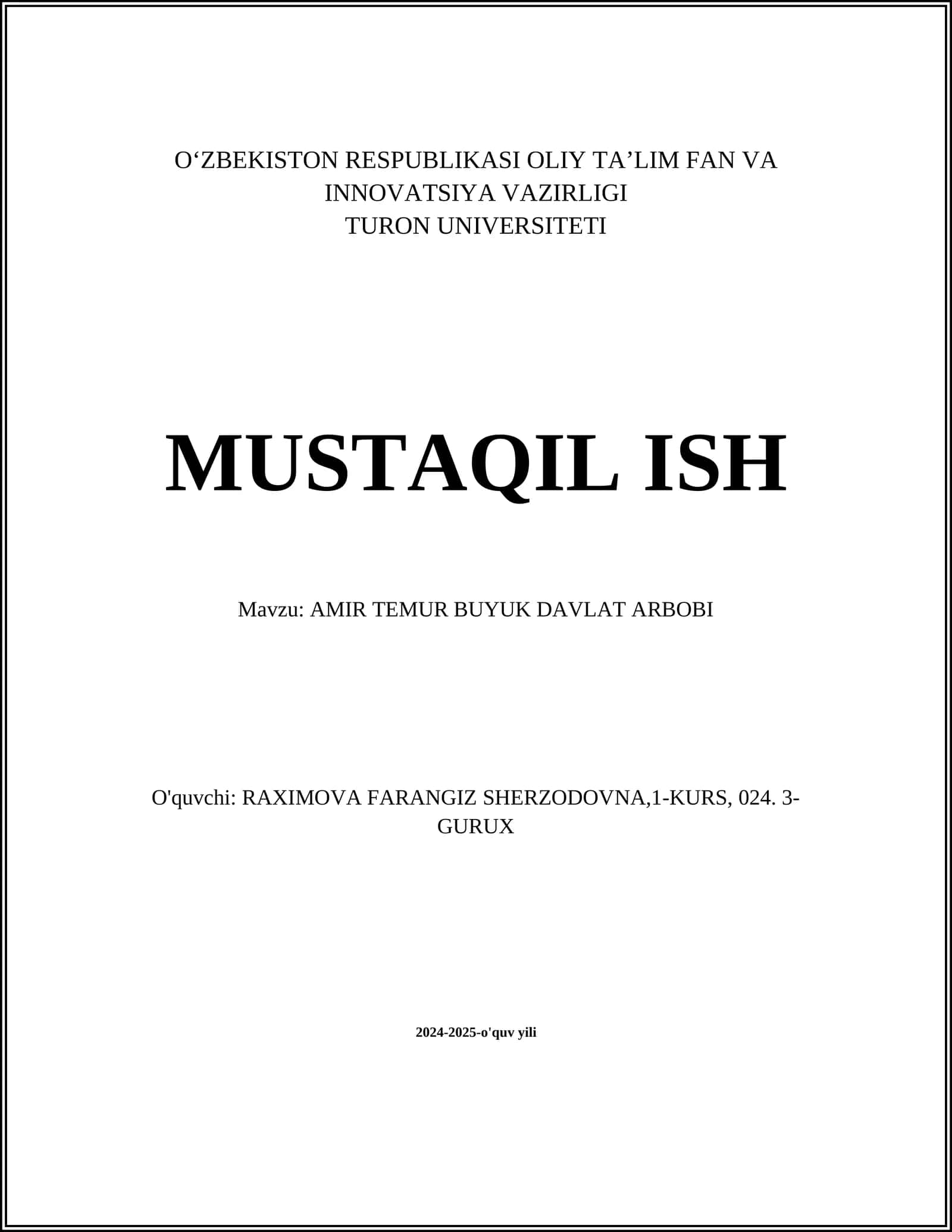 AMIR TEMUR BUYUK DAVLAT ARBOBI