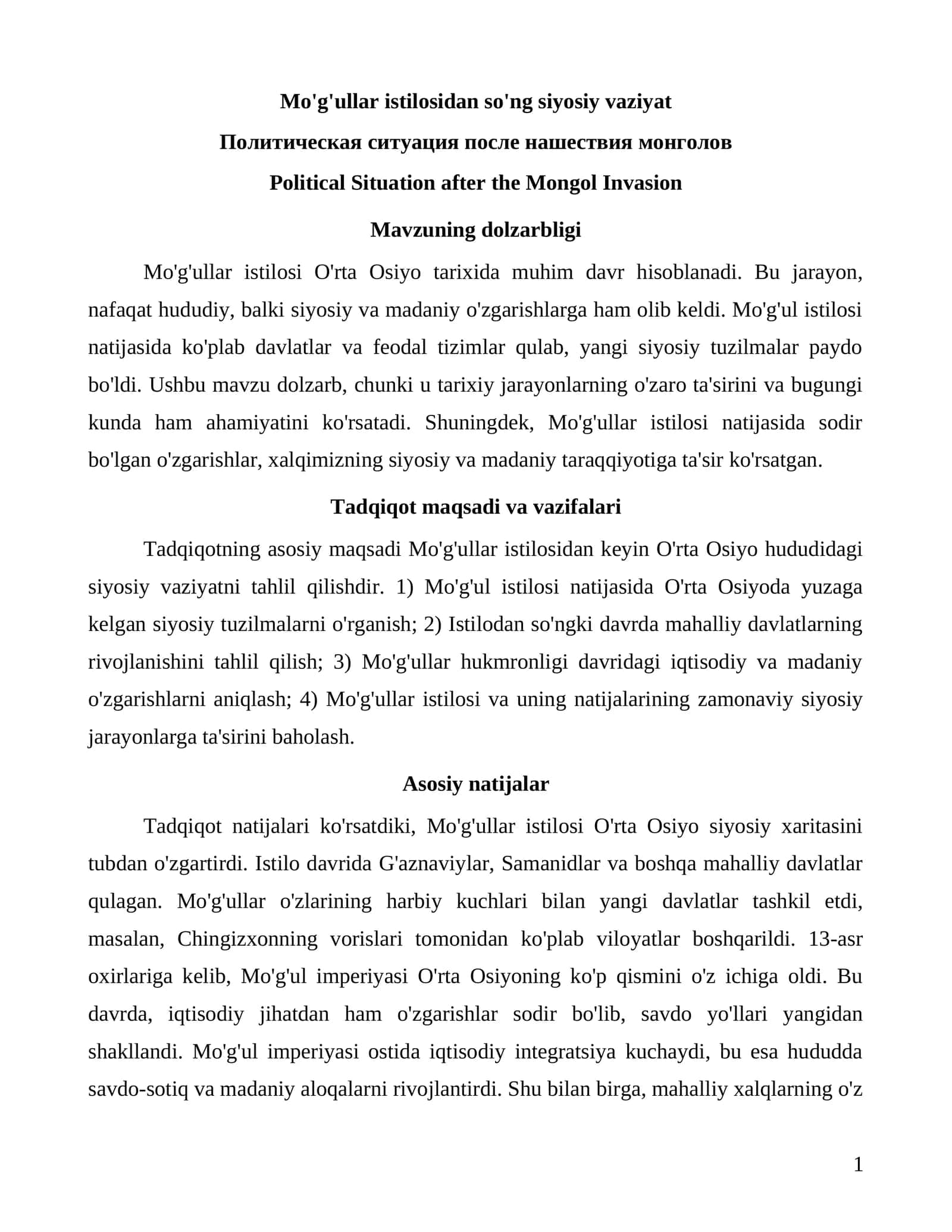 Mo'g'ullar istilosi O'rta Osiyo tarixida muhim davr hisoblanadi