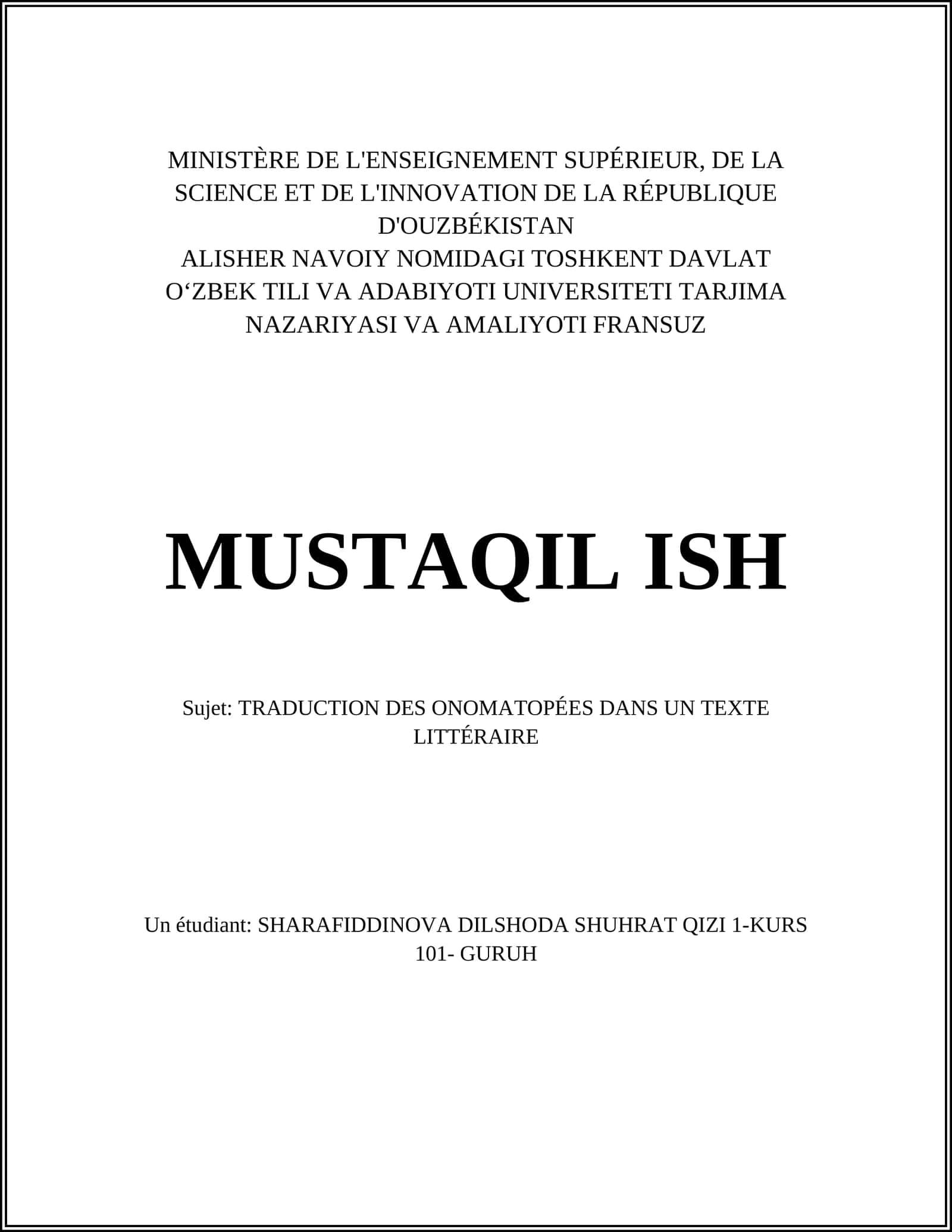 TRADUCTION DES ONOMATOPÉES DANS UN TEXTE LITTÉRAIRE