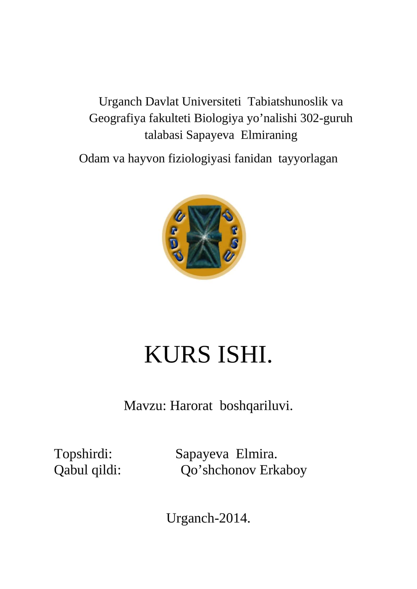 Urganch Davlat Universiteti Biologiya Kurs Ishi