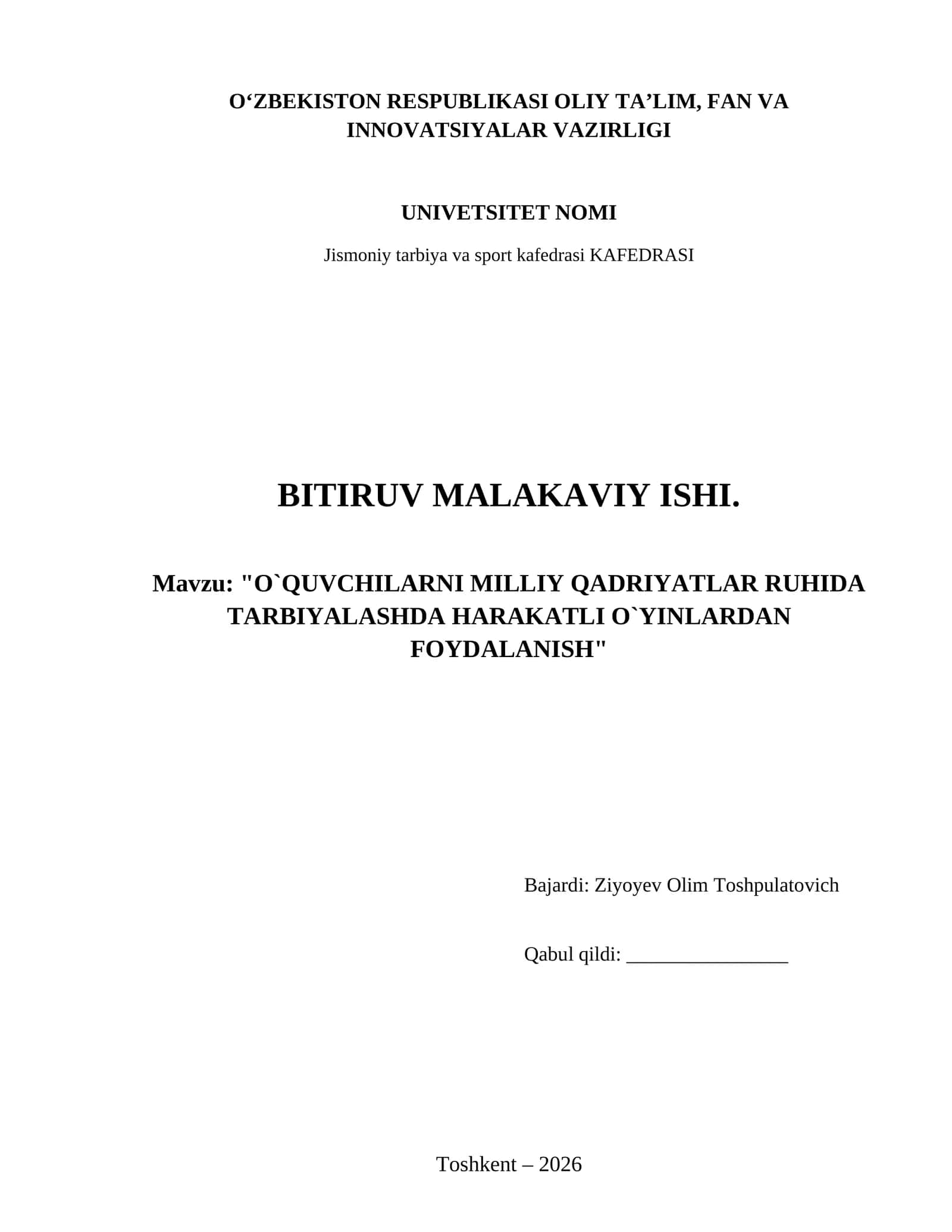 O`quvchilarni milliy qadriyatlar ruhida tarbiyalashda harakatli o`yinlardan foydalanish