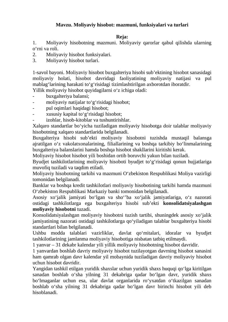 Moliyaviy hisobot: mazmuni, funksiyalari va turlari