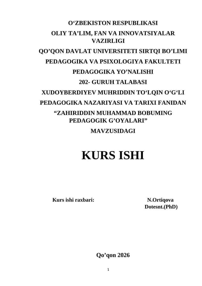 ZAHIRIDDIN MUHAMMAD BOBUMING PEDAGOGIK G’OYALARI