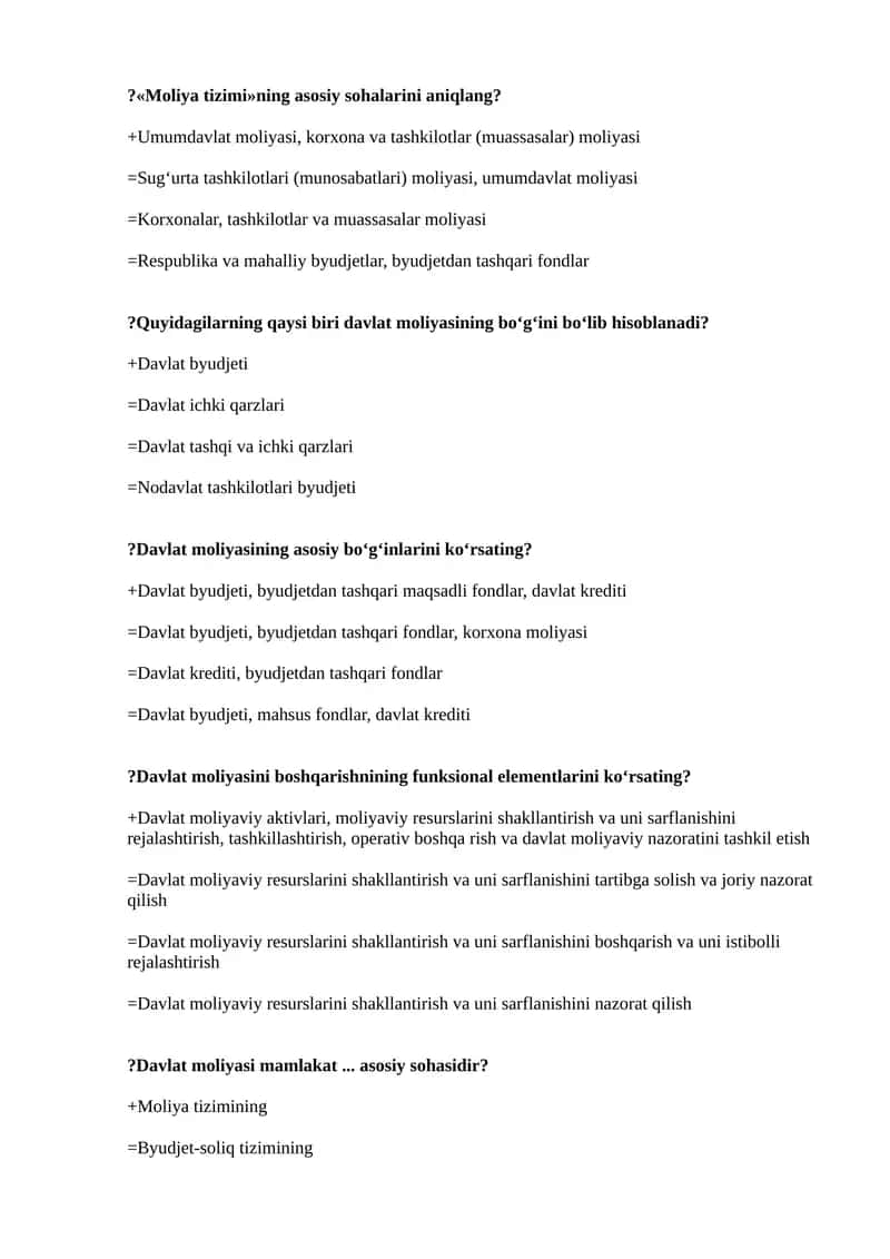 «Moliya tizimi»ning asosiy sohalari