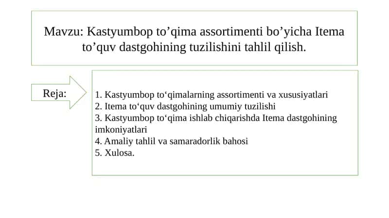 Kastyumbop to‘qimalar assortimenti bo‘yicha Itema to‘quv dastgohini tuzilishi