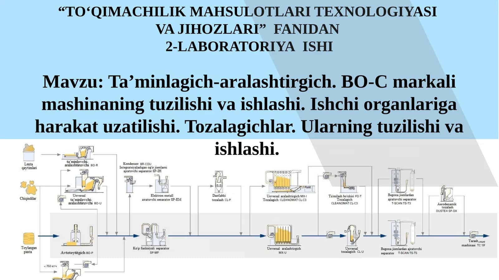 Ta’minlagich-aralashtirgich. BO-C markali mashinaning tuzilishi va ishlashi. Ishchi organlariga harakat uzatilishi. Tozalagichlar. Ularning tuzilishi va ishlashi.