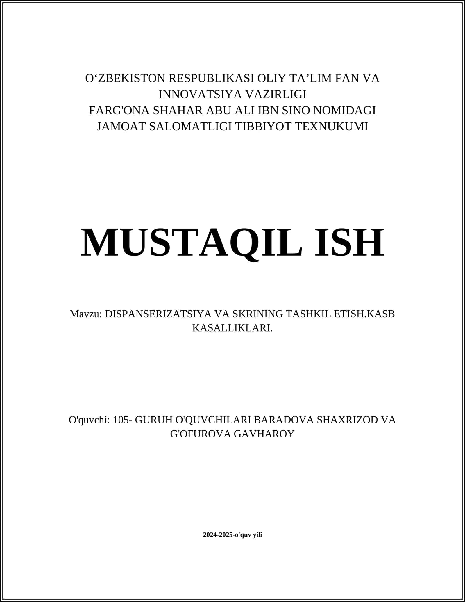 DISPANSERIZATSIYA VA SKRINING TASHKIL ETISH.KASB KASALLIKLARI