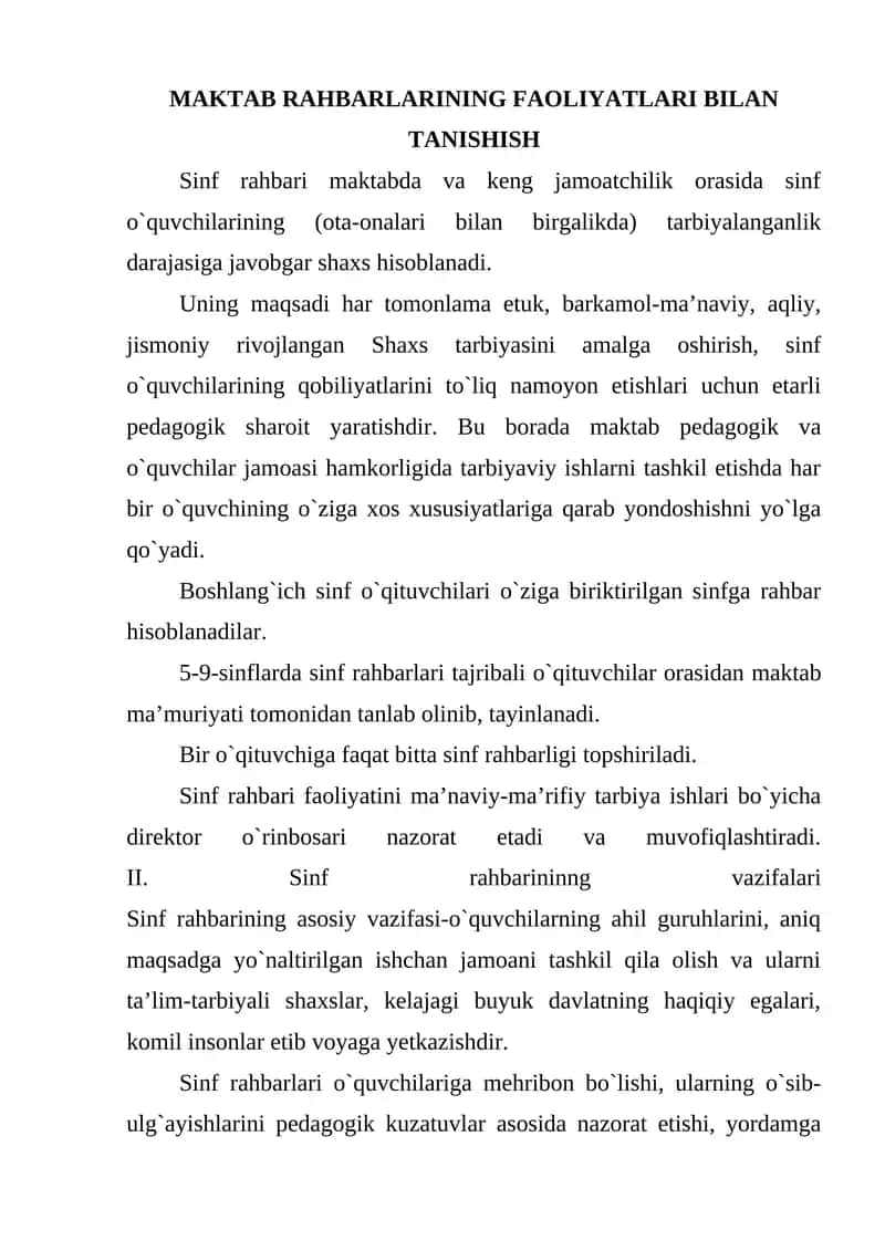 Sinf Rahbarlarining Faoliyatlari Bilan Tanishish