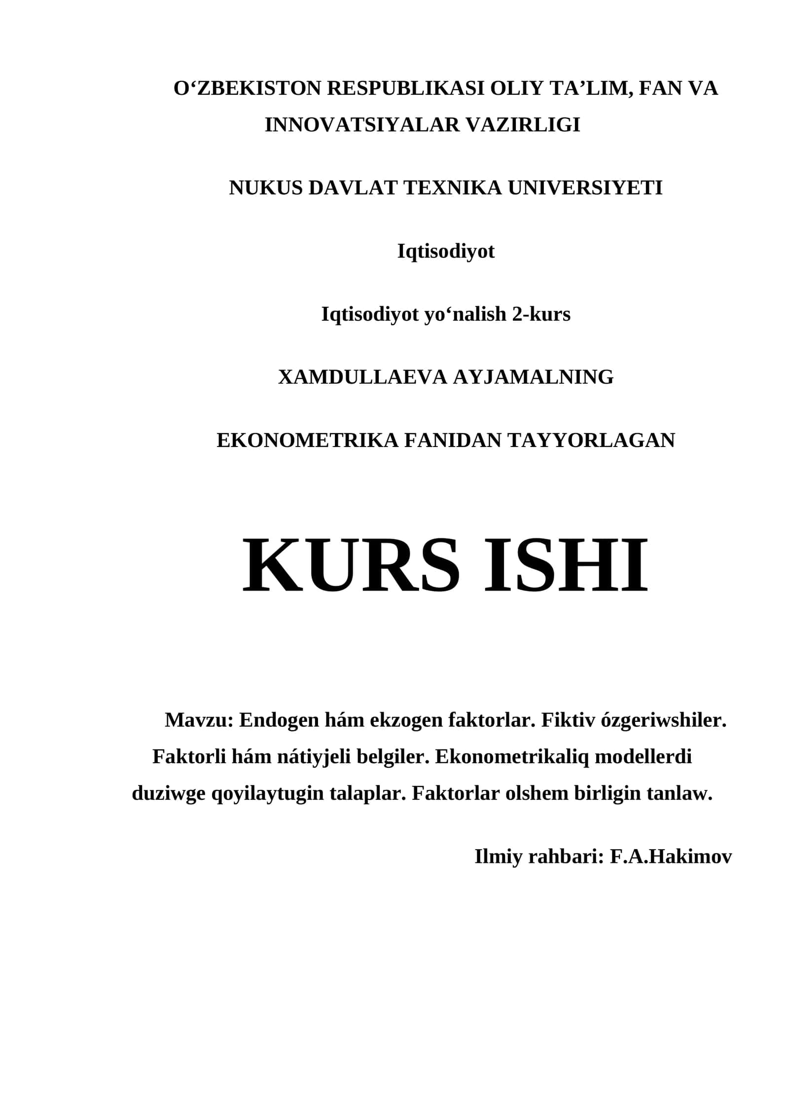 EKONOMETRIKA FANIDAN TAYYORLAGAN KURS ISHI