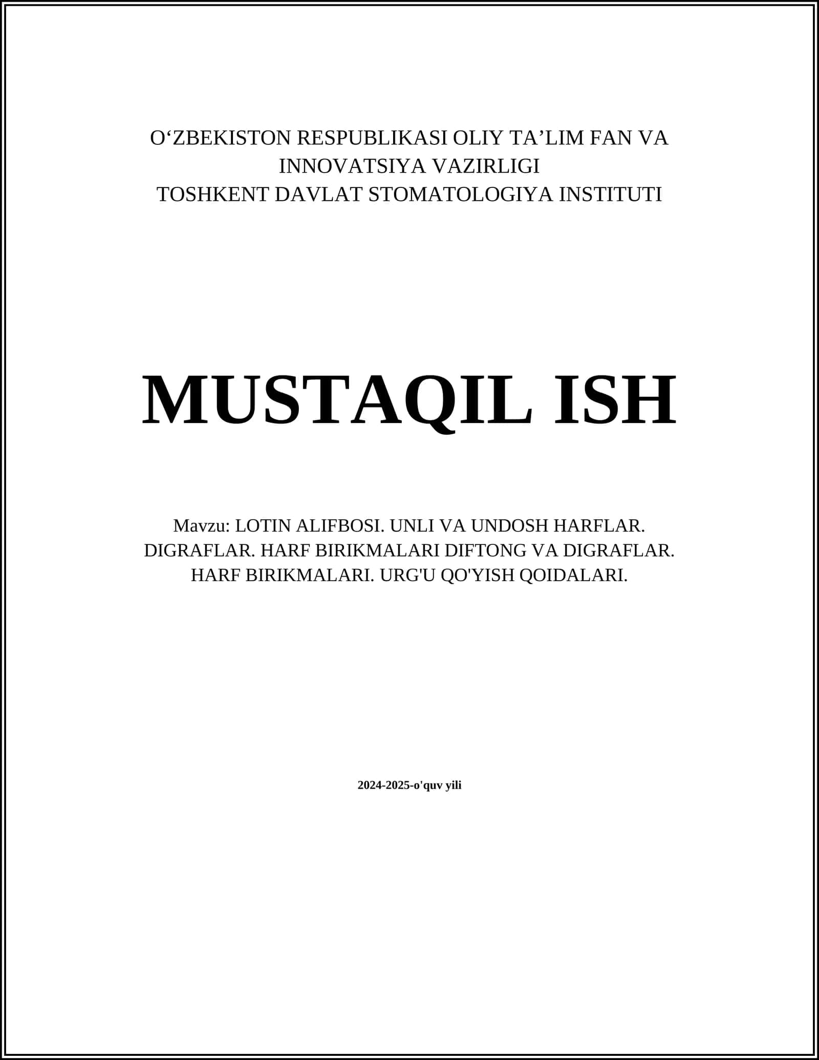 LOTIN ALIFBOSI. UNLI VA UNDOSH HARFLAR. DIGRAFLAR. HARF BIRIKMALARI DIFTONG VA DIGRAFLAR. HARF BIRIKMALARI. URG'U QO'YISH QOIDALARI